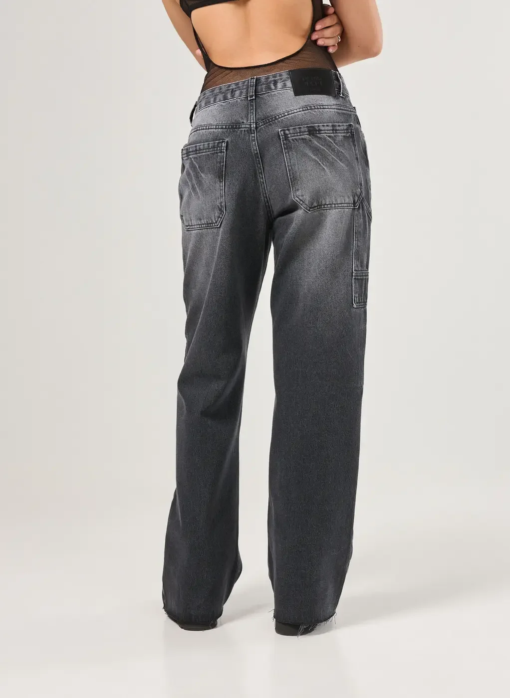 Calça Wide Leg Jeans Preto Com Lavagem