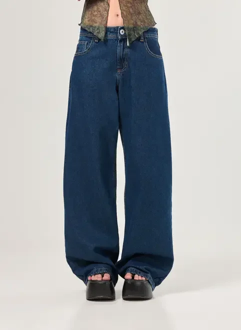 Calça Boy Cintura Baixa Jeans Escuro