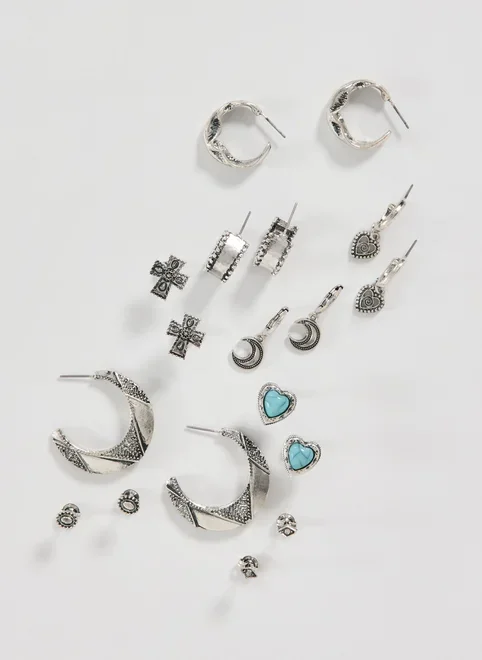 Conjunto 9 Brincos Prateados Boho