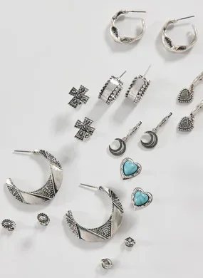 Conjunto 9 Brincos Prateados Boho