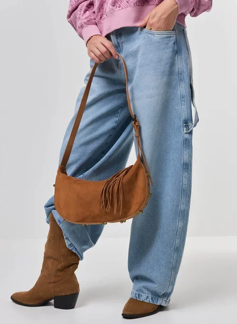 Bolsa Slouchy Suede Caramelo Franjas