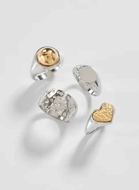 Conjunto 4 Anéis Mix Dourado E Prateado