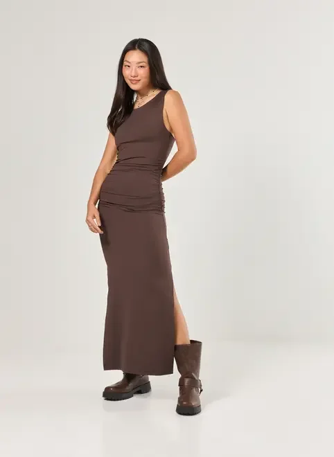 Vestido Midi Poliamida Marrom Fenda