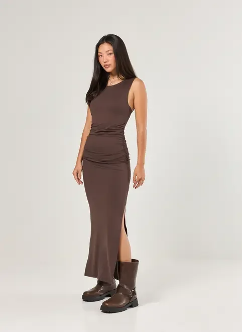 Vestido Midi Poliamida Marrom Fenda