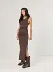 Vestido Midi Poliamida Marrom Fenda