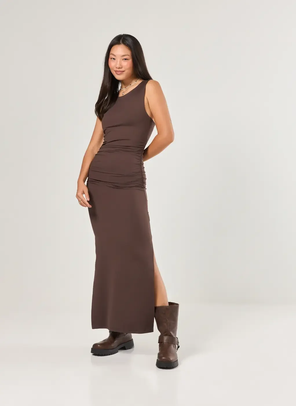 Vestido Midi Poliamida Marrom Fenda