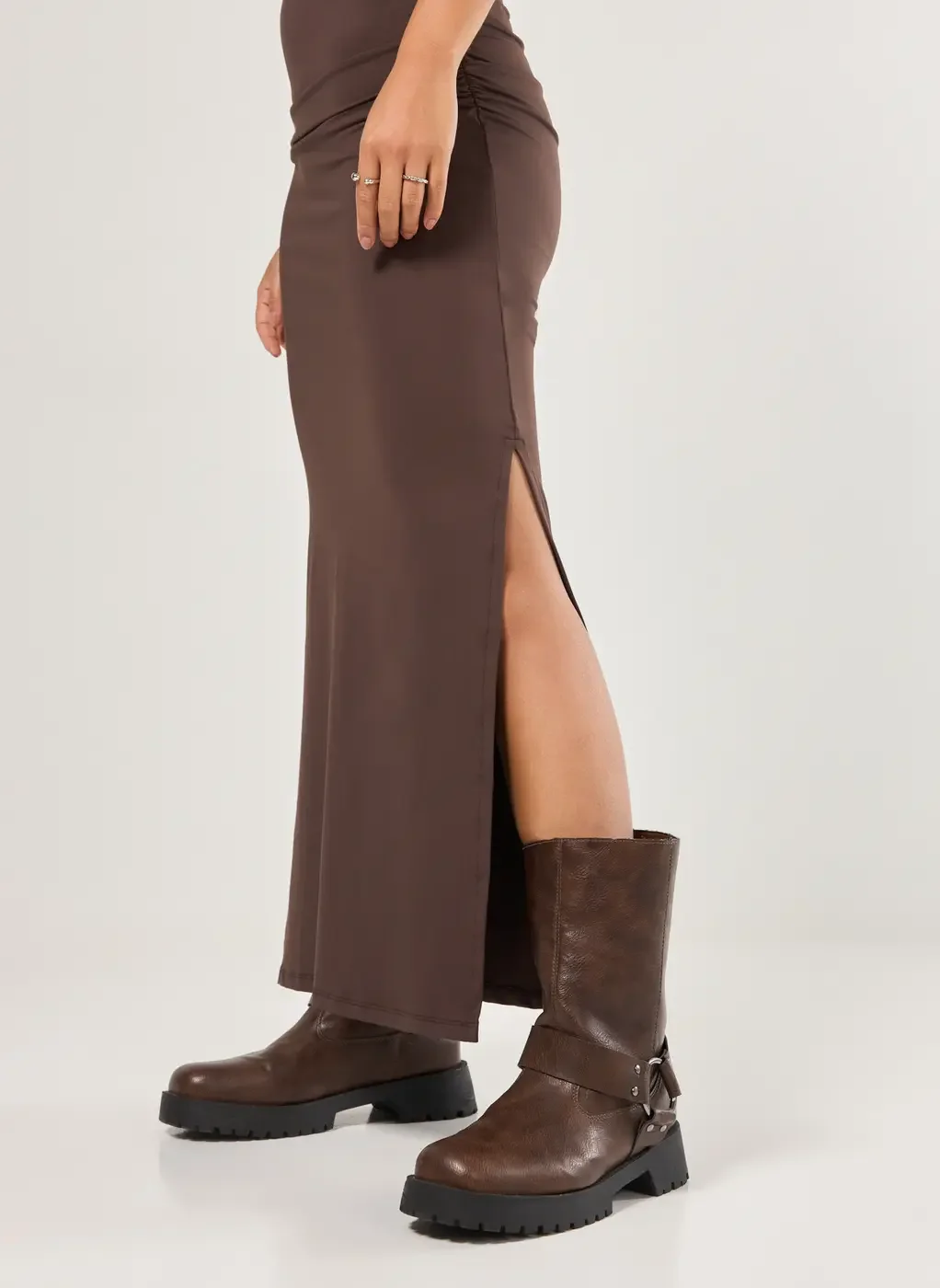 Vestido Midi Poliamida Marrom Fenda