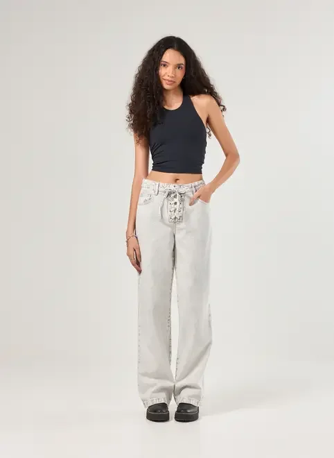 Calça Jeans Wide Leg Amarração