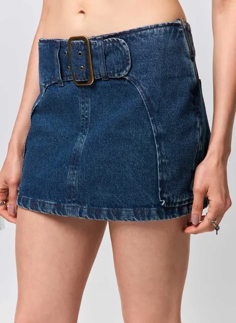 Saia Curta Jeans Escuro Cós Fivela