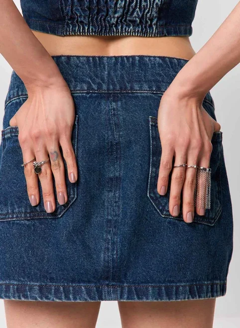 Saia Curta Jeans Escuro Cós Fivela