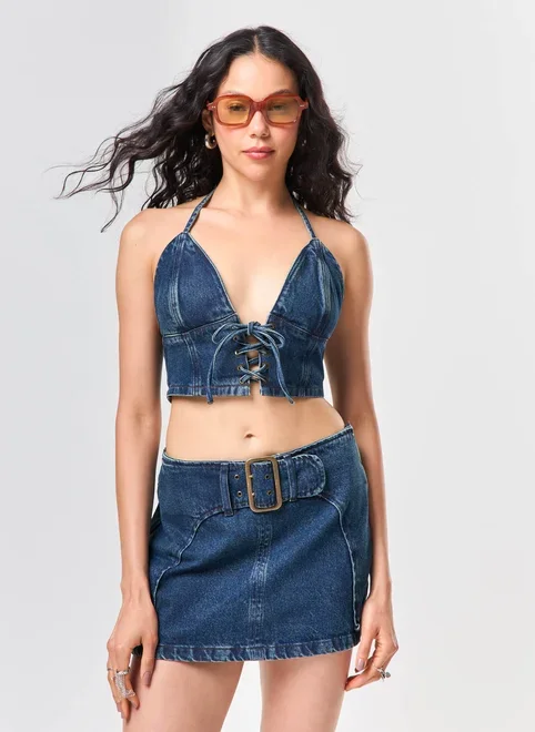 Cropped Jeans Escuro Amarração