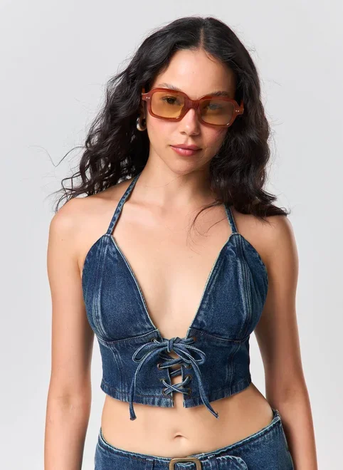 Cropped Jeans Escuro Amarração