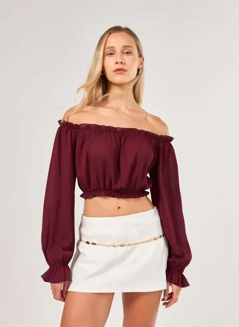 Blusa Ombro A Ombro Manga Longa Elástico