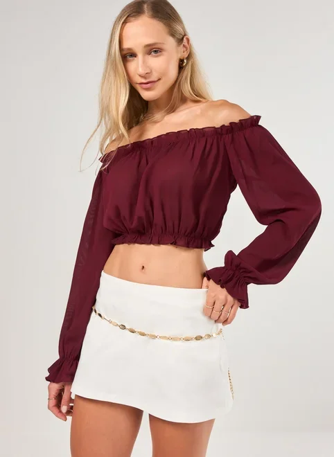 Blusa Ombro A Ombro Manga Longa Elástico