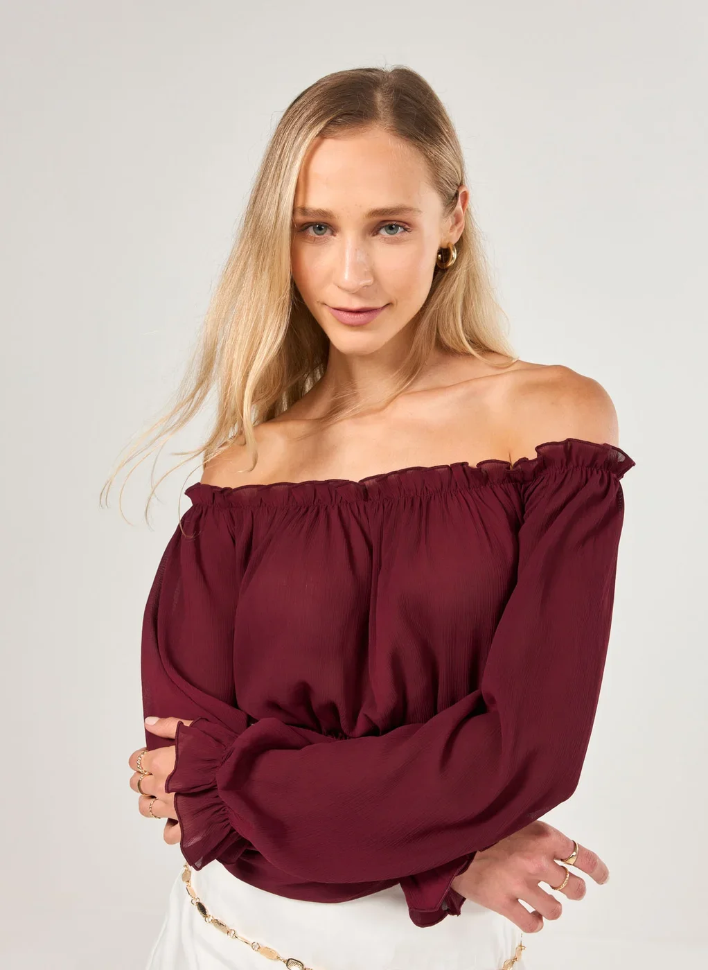 Blusa Ombro A Ombro Manga Longa Elástico