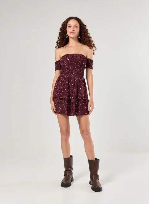 Vestido Ombro A Ombro Estampado Bordô