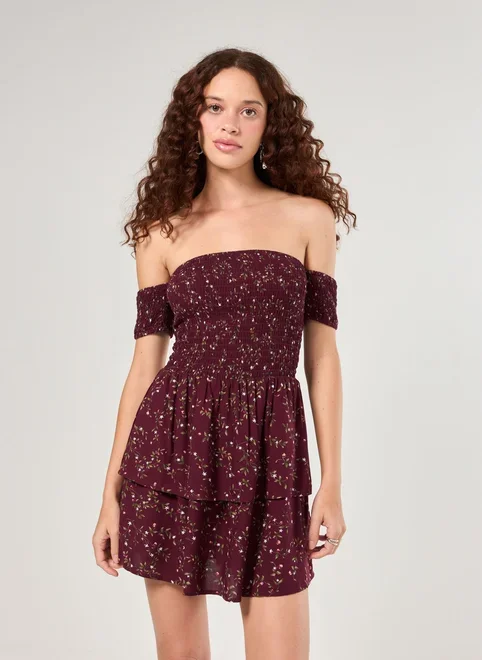 Vestido Ombro A Ombro Estampado Bordô