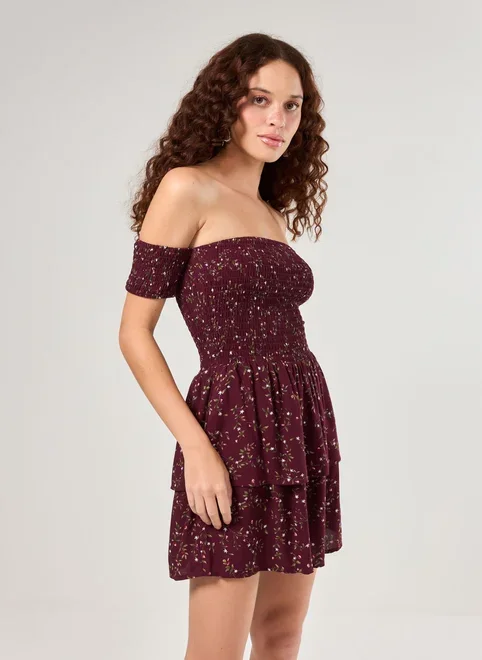 Vestido Ombro A Ombro Estampado Bordô