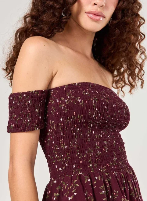 Vestido Ombro A Ombro Estampado Bordô