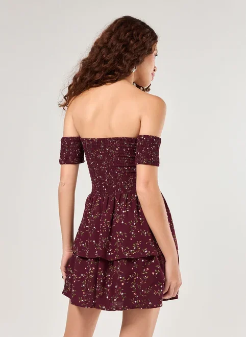 Vestido Ombro A Ombro Estampado Bordô