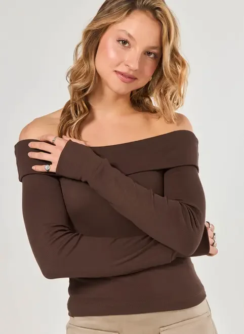 Blusa Ombro A Ombro Manga Longa Marrom