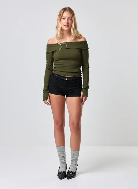 Blusa Ombro A Ombro Manga Longa Pala Virada