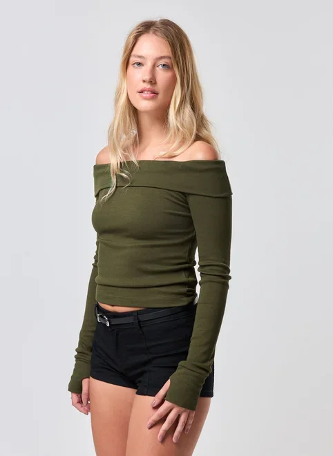 Blusa Ombro A Ombro Manga Longa Pala Virada