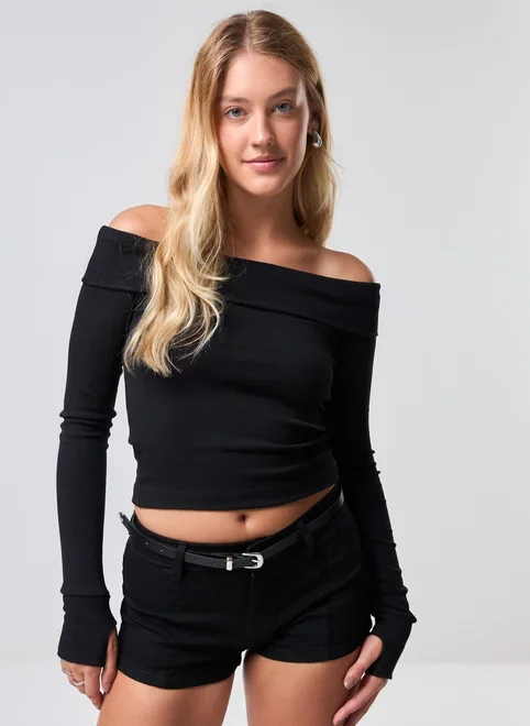 Blusa Ombro A Ombro Manga Longa Pala Virada