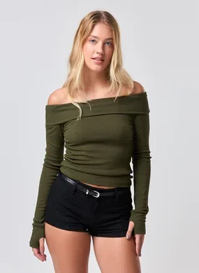 Blusa Ombro A Ombro Manga Longa Pala Virada