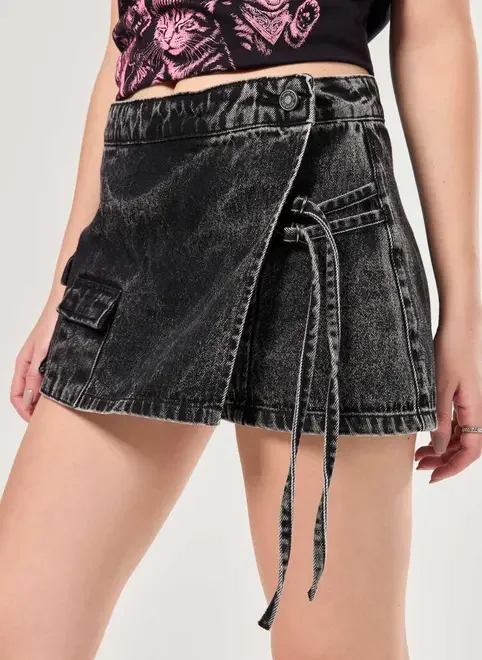 Short Saia Jeans Cargo Cós Deslocado