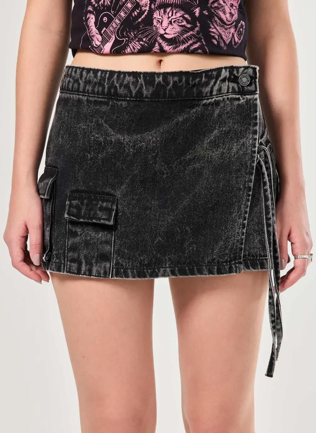 Short Saia Jeans Cargo Cós Deslocado