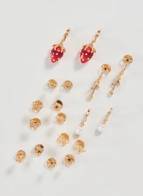 Conjunto 9 Brincos Dourados Morango