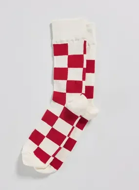 Meia Quadriculada Branca E Vermelha