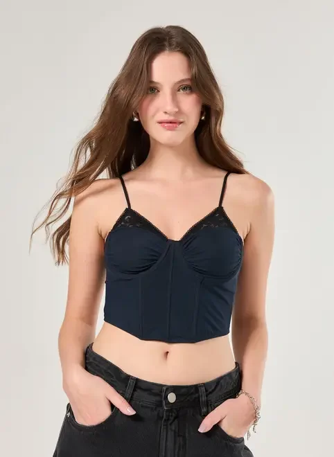 Corselet Marinho Tule E Renda