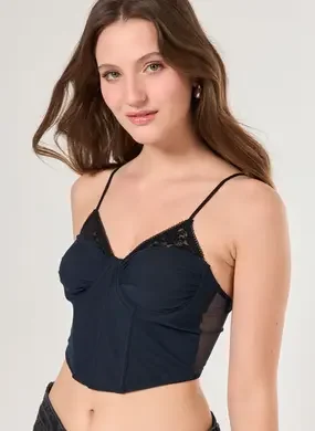 Corselet Marinho Tule E Renda