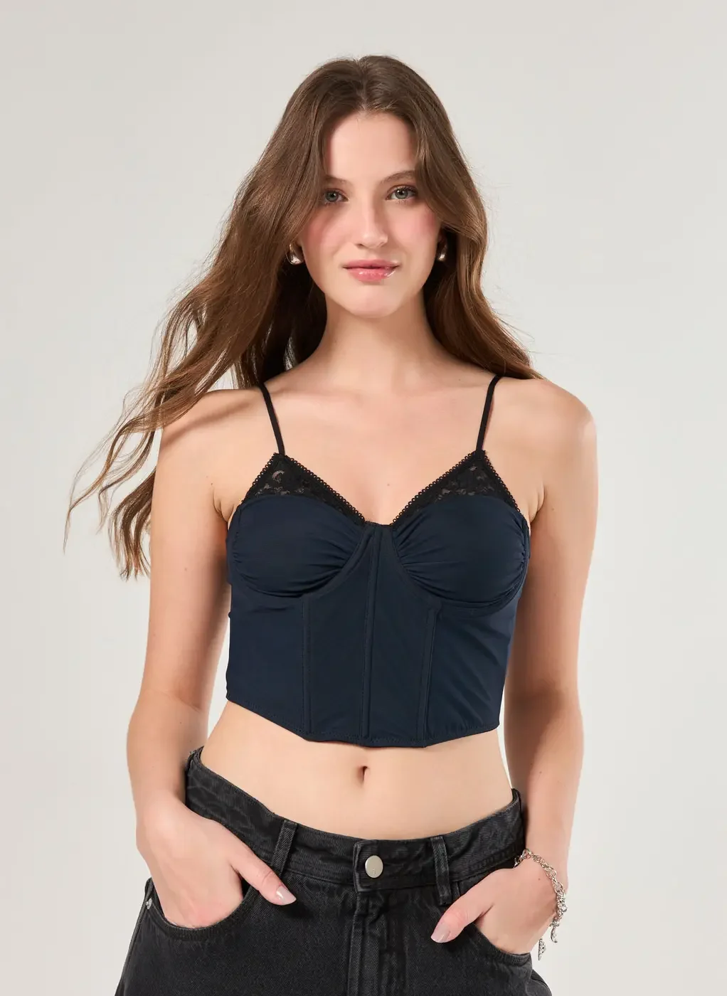 Corselet Marinho Tule E Renda