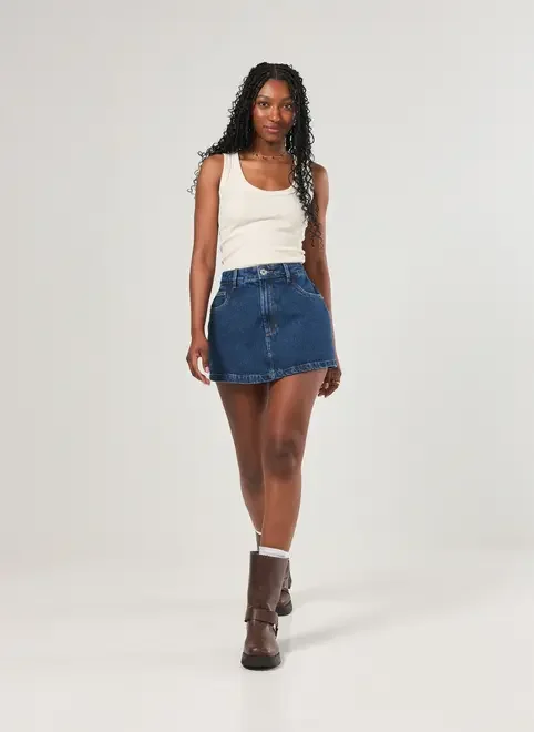 Short Saia Jeans Básico Cintura Alta