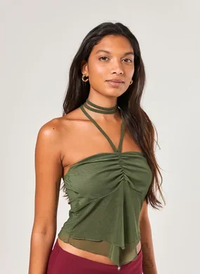 Blusa Tule Verde Amarração Pescoço