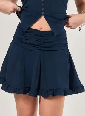 Saia Azul-Marinho Rodada Com Franzido