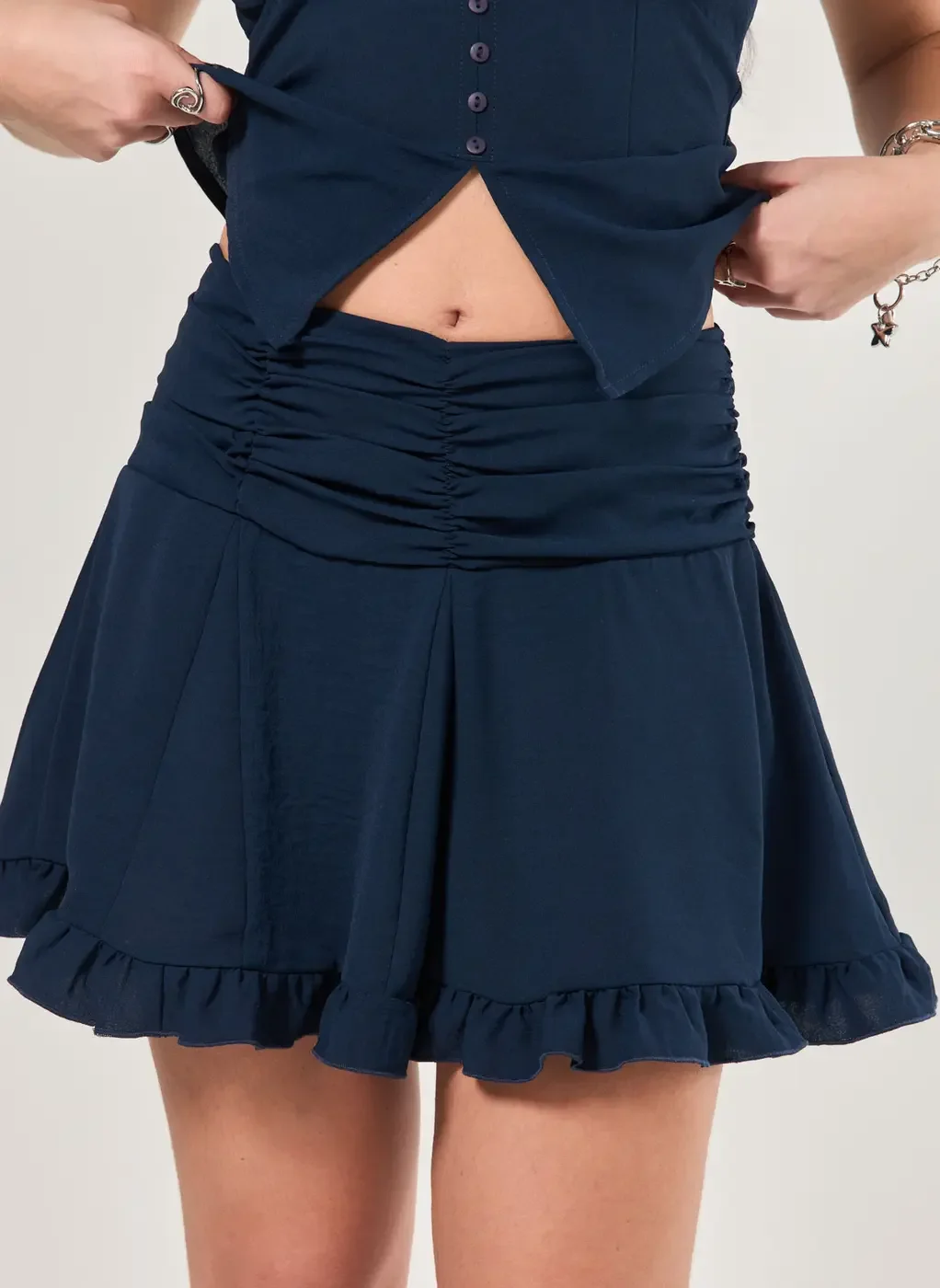 Saia Azul-Marinho Rodada Com Franzido