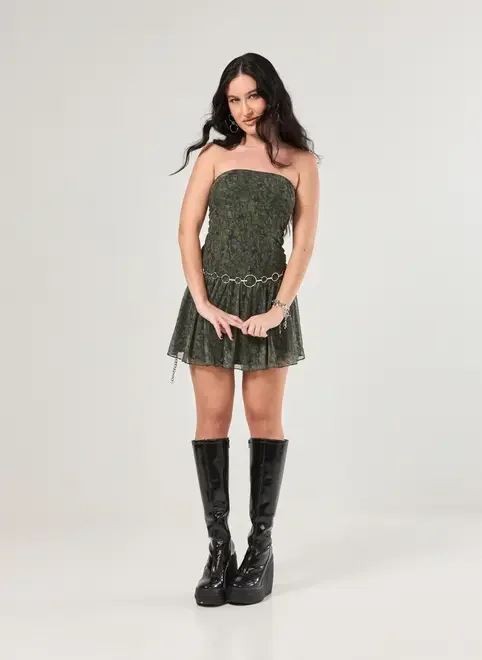 Vestido Curto Sem Alças Tule Camuflado