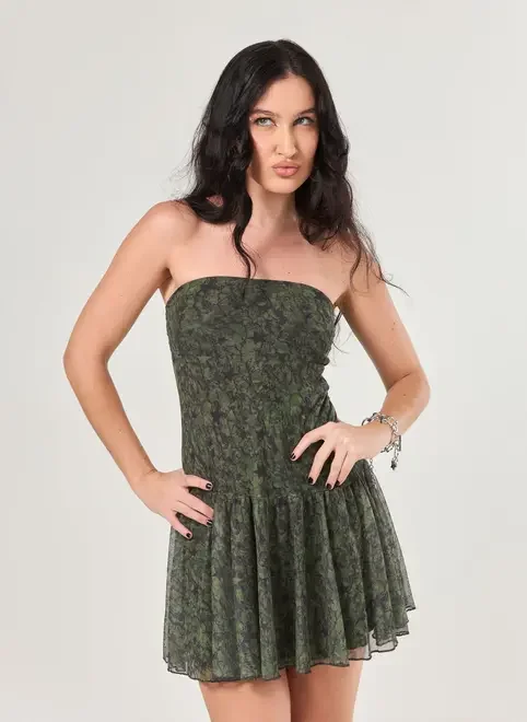 Vestido Curto Sem Alças Tule Camuflado