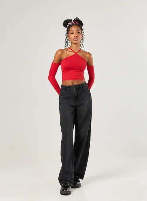 Blusa Poliamida Vermelha Ombros De Fora