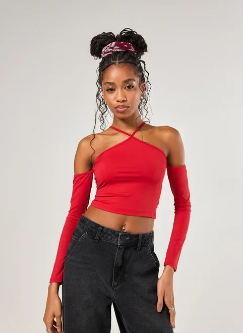 Blusa Poliamida Vermelha Ombros De Fora