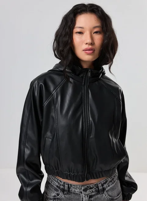 Jaqueta Preta Poliuretano Bomber