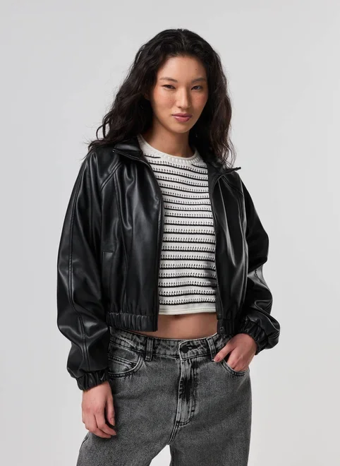 Jaqueta Preta Poliuretano Bomber