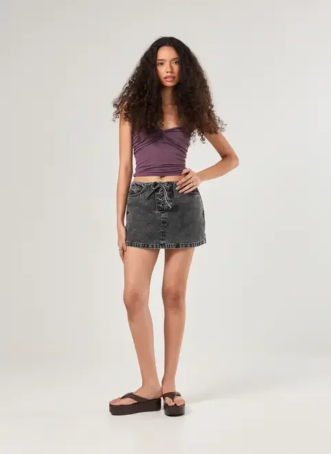 Short Saia Jeans Preto Amarração