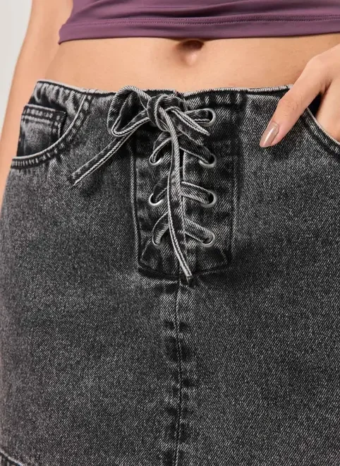 Short Saia Jeans Preto Amarração