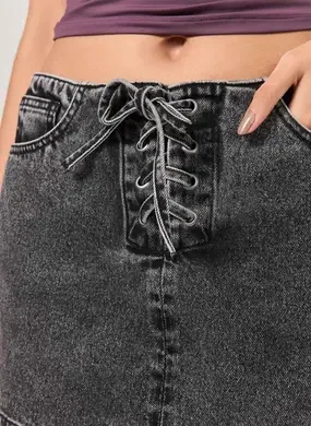 Short Saia Jeans Preto Amarração