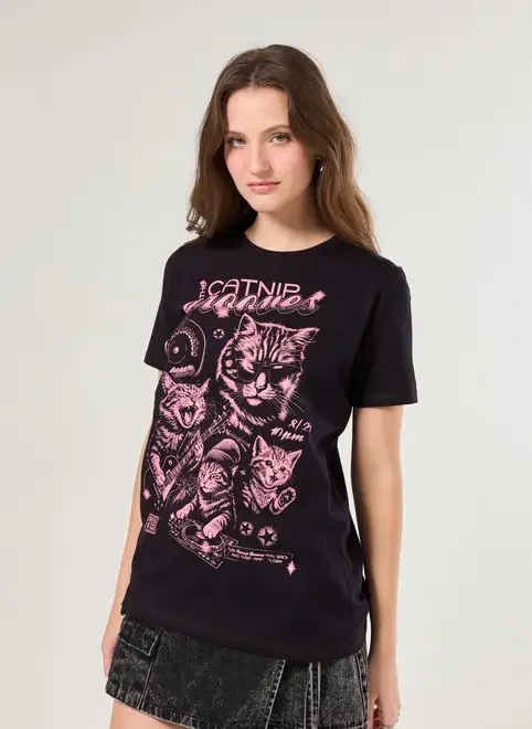 Camiseta Oversized Preta Banda Gatos